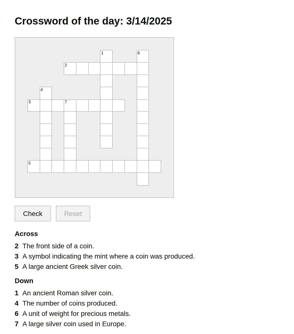 Numismatics Crossword