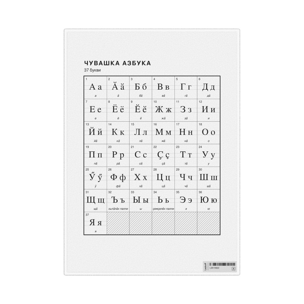 Leskoff Chuvash Alphabet Chart, 8.3 x 11.7 in (21.0 x 29.7 cm, Desk Chart, Laminated), Macedonian-Labeled, image 1 of 2