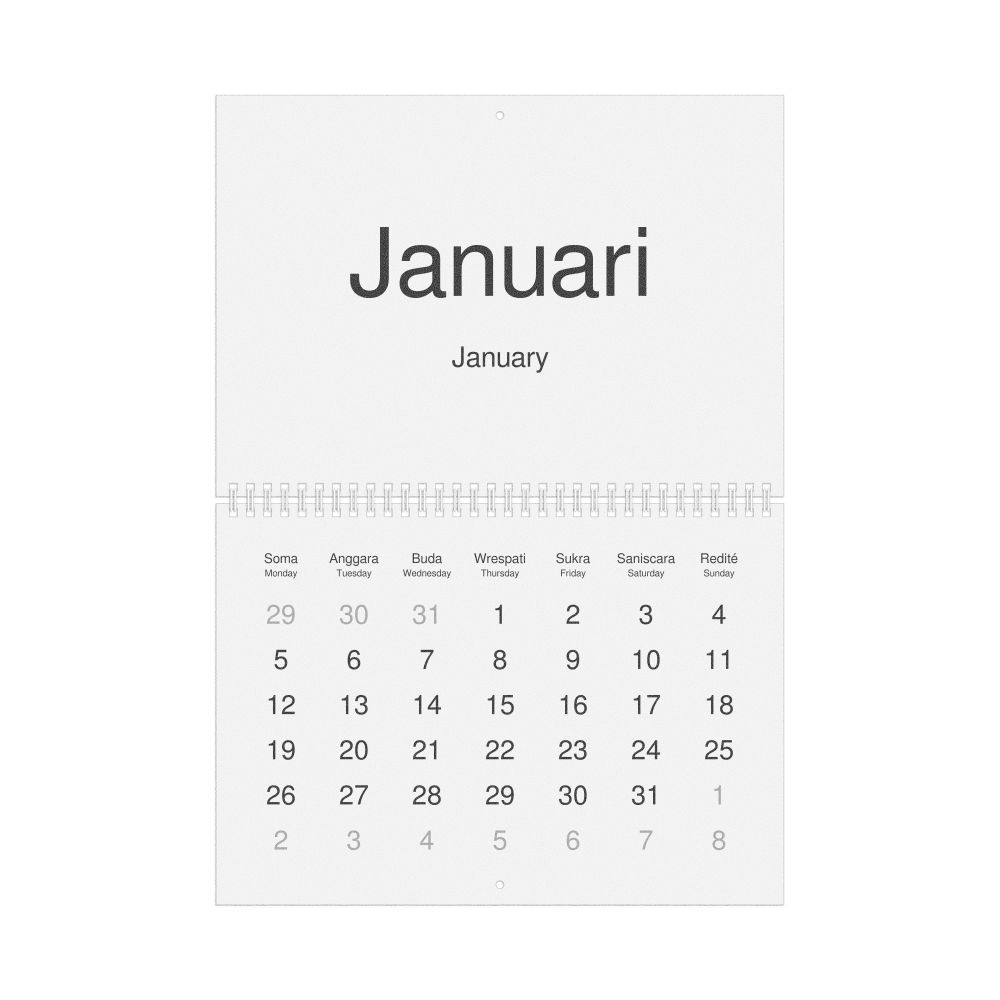 Leskoff 2026 Wall Calendar, Balinese/English-Labeled, Monday-Start Layout, Wire-Bound, 11.7 x 8.3 in (29.7 x 21.0 cm), image 1 of 1