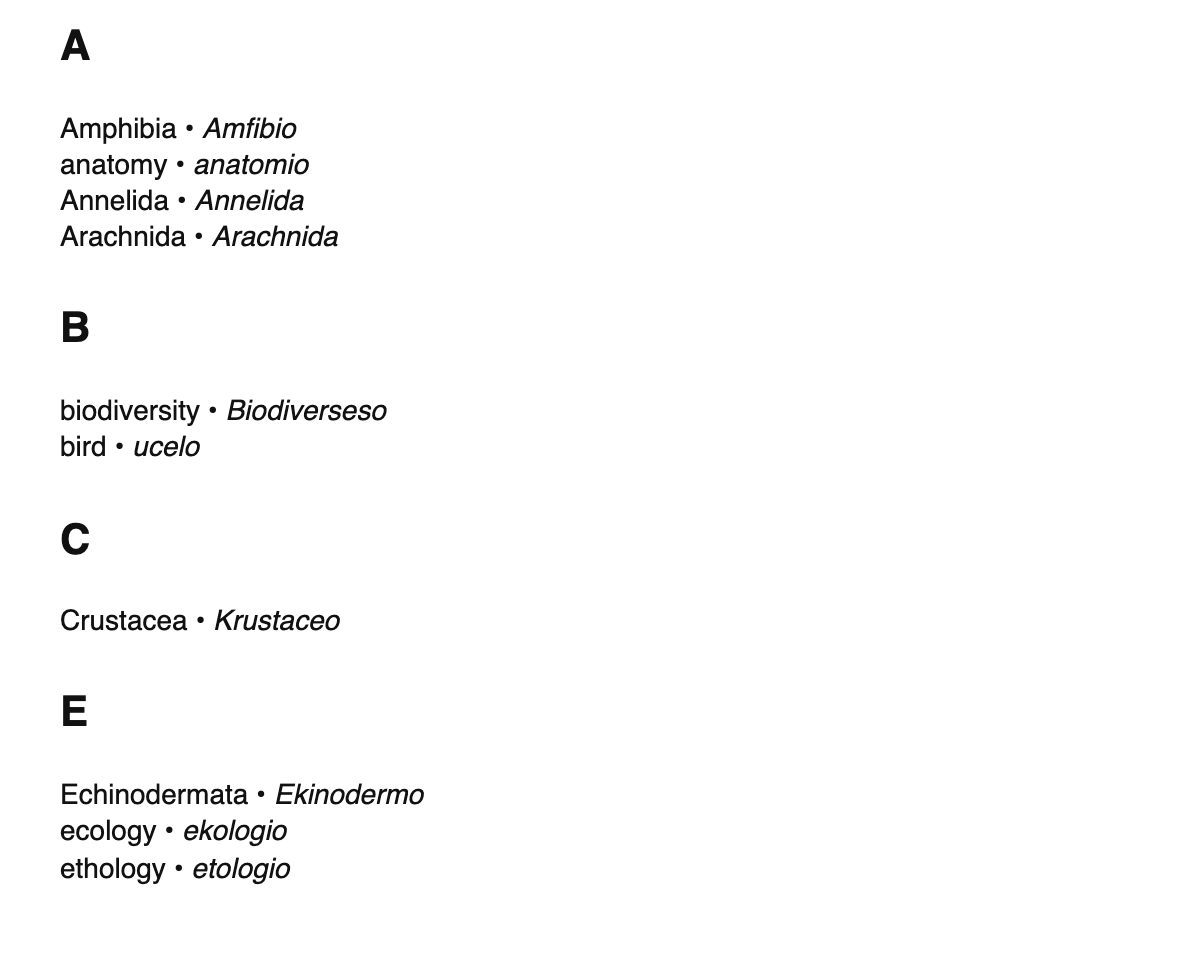 Zoology terms in Ido