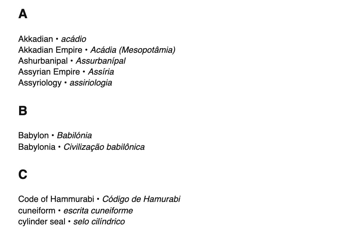 Assyriology terms in Portuguese