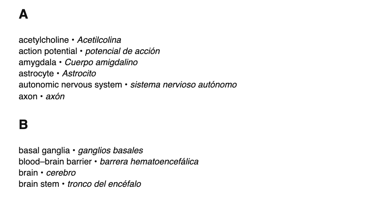 Neuroscience terms in Spanish