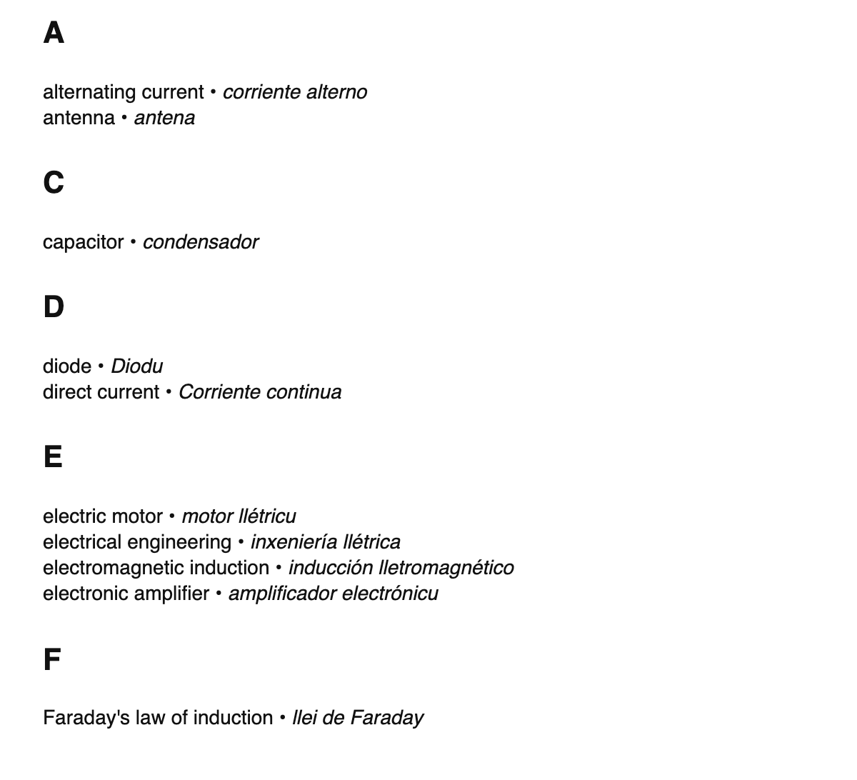 Electrical engineering terms in Asturian
