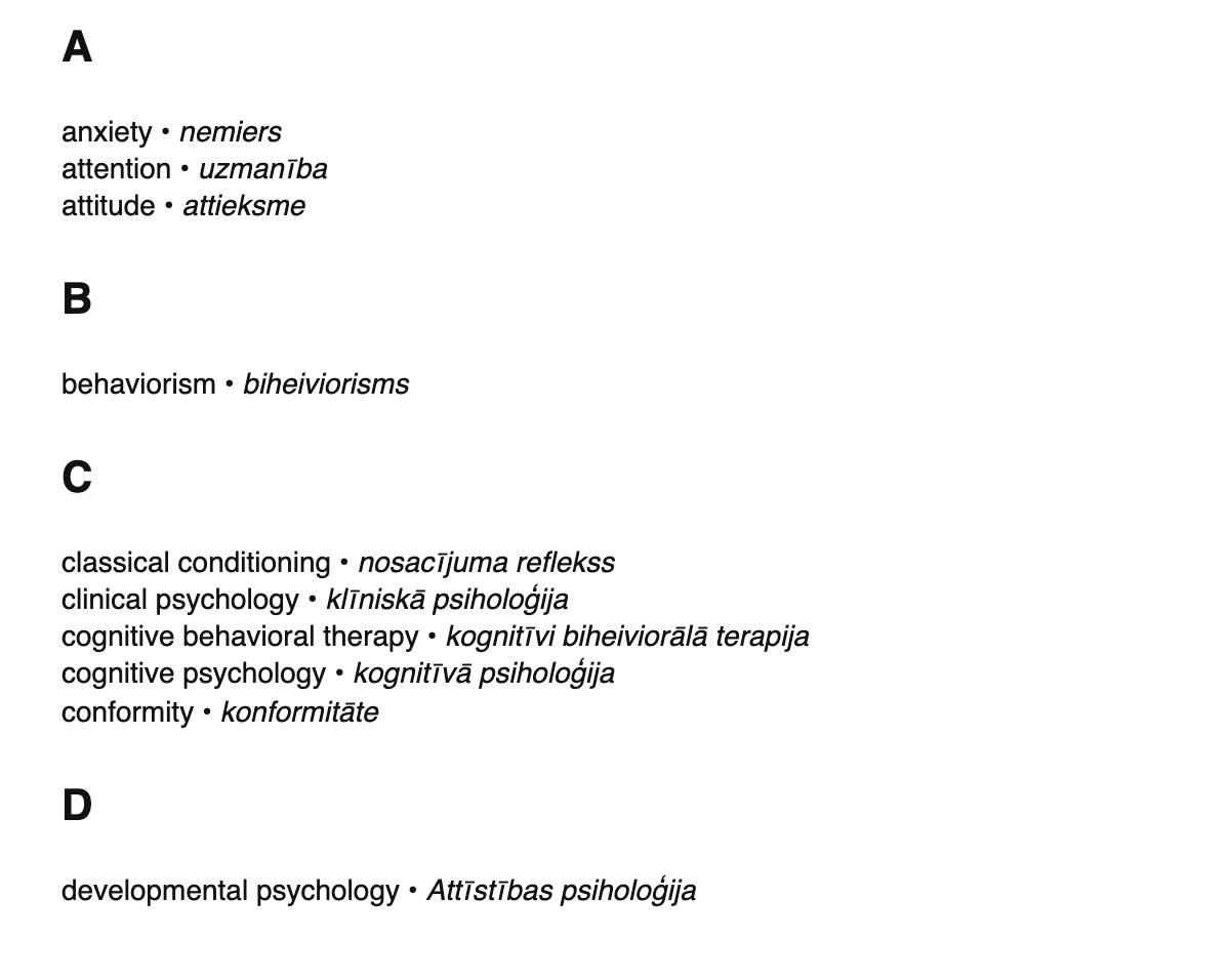 Psychology terms in Latvian