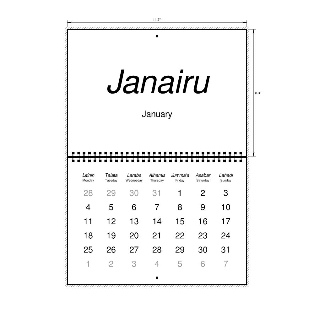 Leskoff 2027 Wall Calendar, Hausa/English-Labeled, Monday-Start Layout, Wire-Bound, 11.7 x 8.3 in (29.7 x 21.0 cm), image 2 of 2