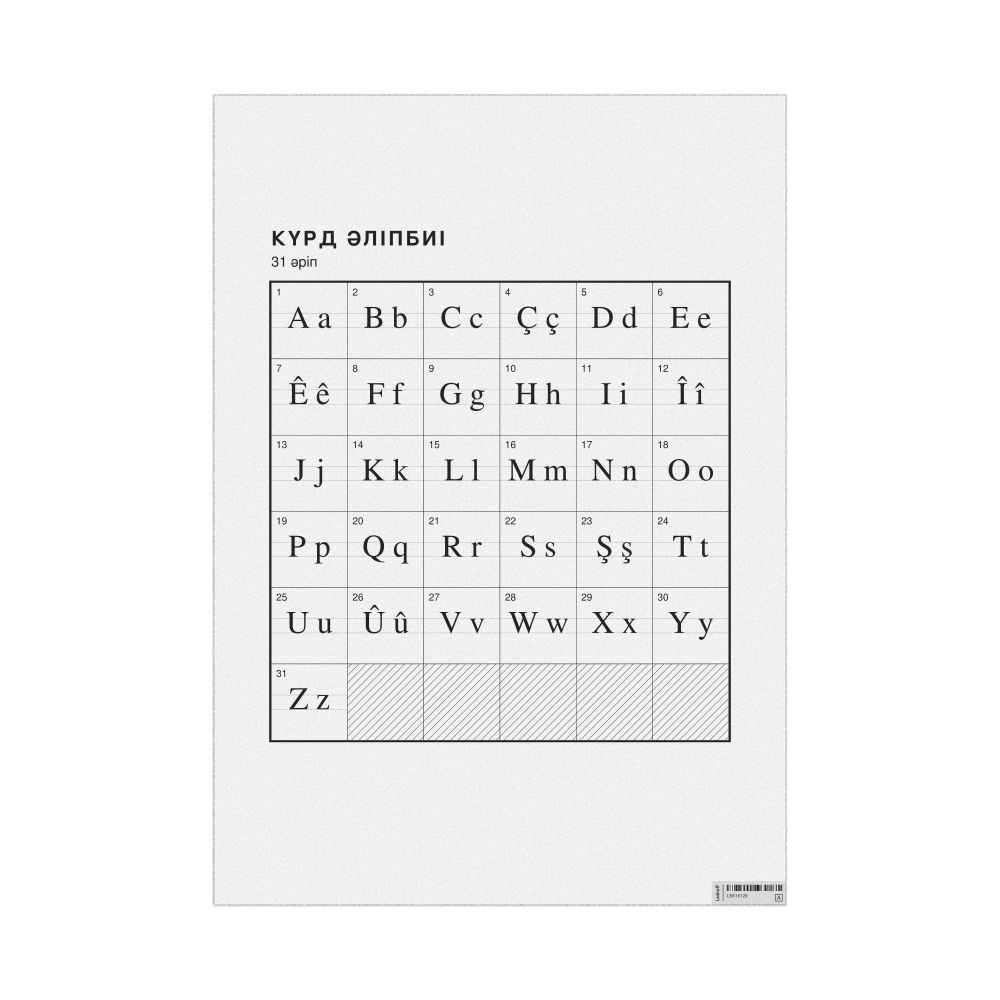 Leskoff Kurdish Alphabet Chart, 23.4 x 33.1 in (59.4 x 84.1 cm, Poster / Wall Chart), Kazakh-Labeled, image 1 of 2