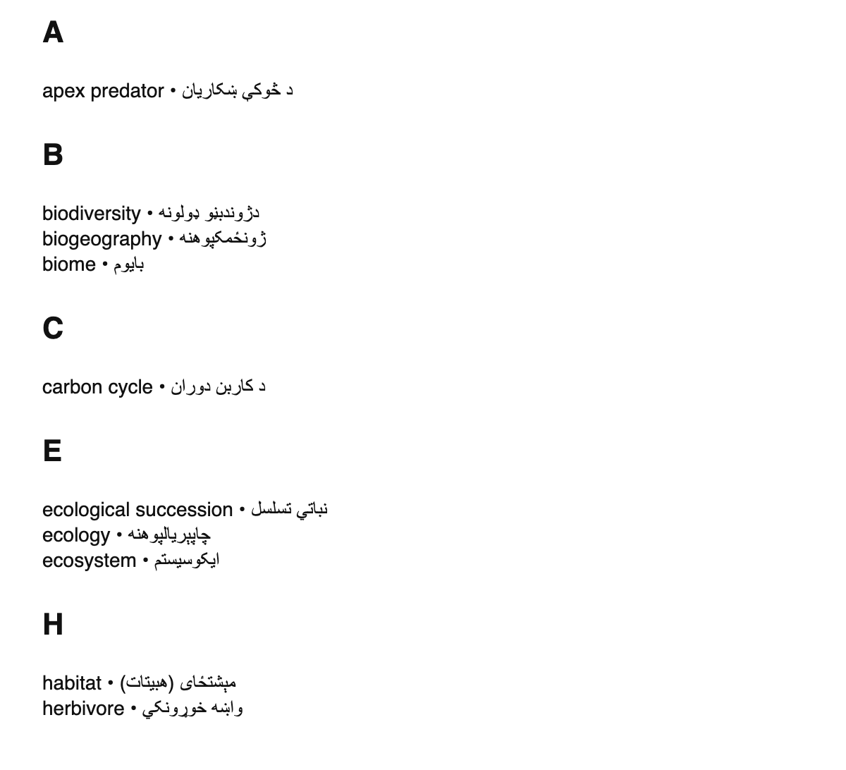 Ecology terms in Pashto