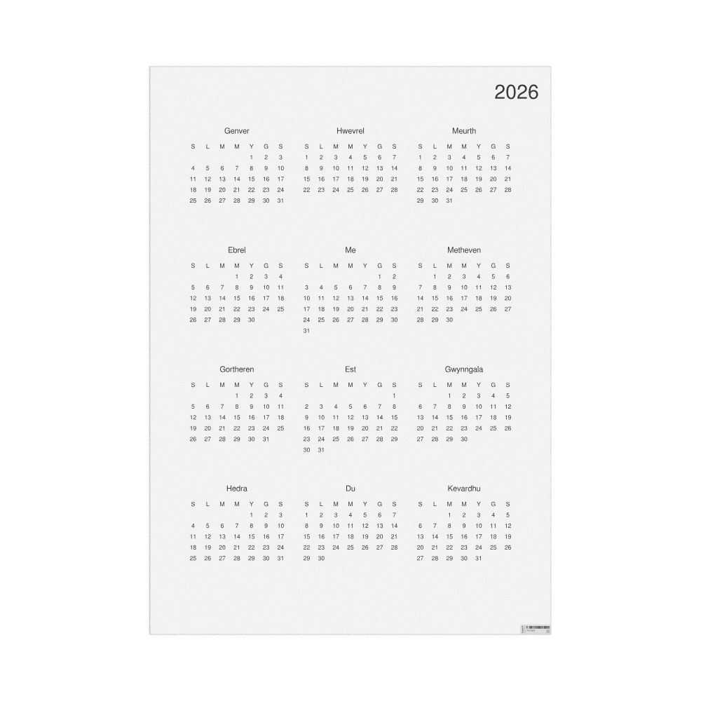 Leskoff 2026 Wall Calendar, Cornish-Labeled, Sunday-Start Layout, Poster / Wall Print, 23.4 x 33.1 in (59.4 x 84.1 cm), image 1 of 1