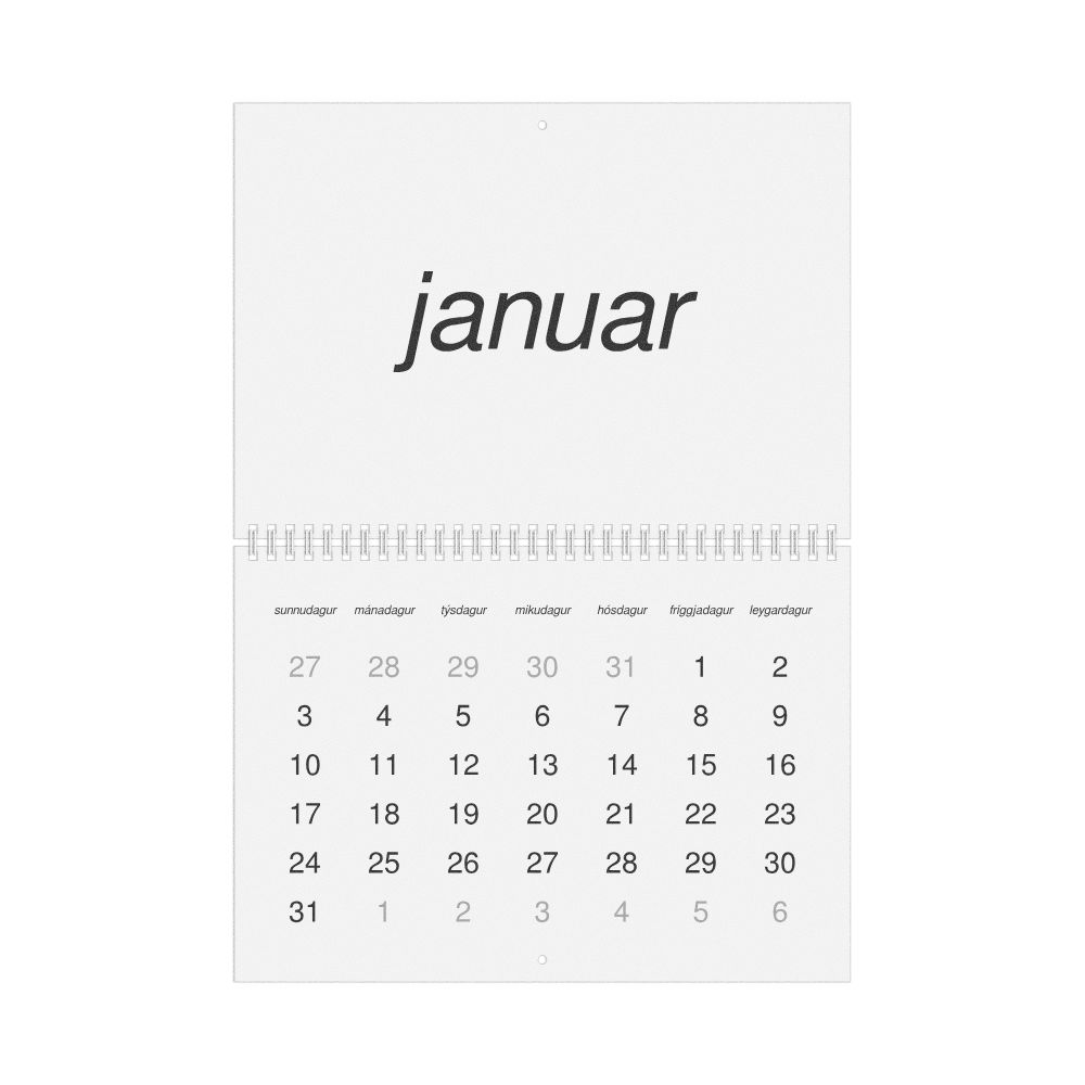 Leskoff 2027 Wall Calendar, Faroese-Labeled, Sunday-Start Layout, Wire-Bound, 11.7 x 8.3 in (29.7 x 21.0 cm), image 1 of 1