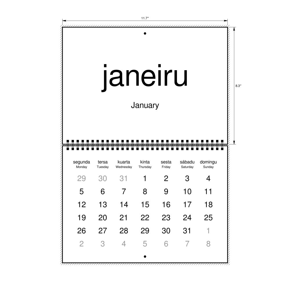 Leskoff 2026 Wall Calendar, Tetum/English-Labeled, Monday-Start Layout, Wire-Bound, 11.7 x 8.3 in (29.7 x 21.0 cm), image 1 of 1