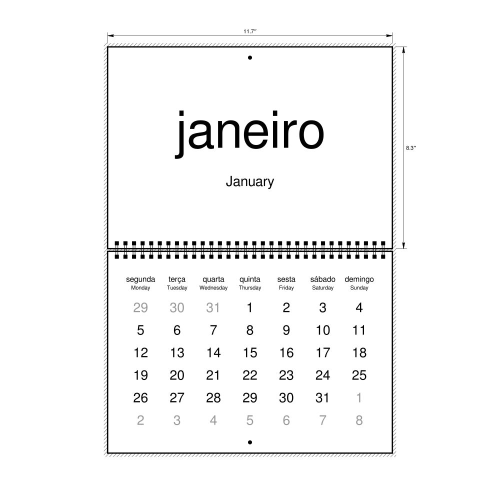 Leskoff 2026 Wall Calendar, Mirandese/English-Labeled, Monday-Start Layout, Wire-Bound, 11.7 x 8.3 in (29.7 x 21.0 cm), image 1 of 1