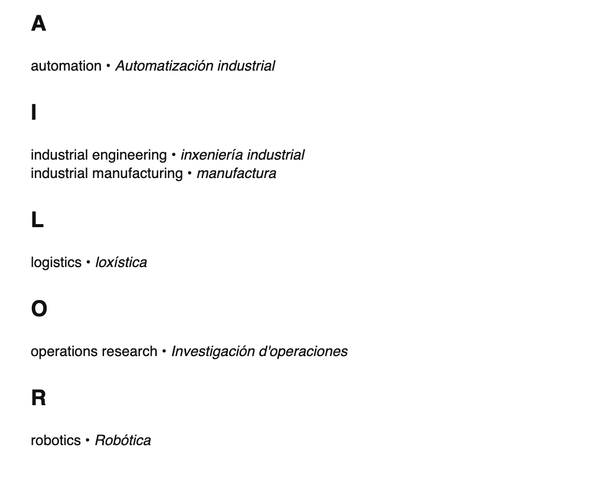 Industrial engineering terms in Asturian