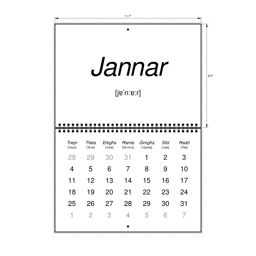 Leskoff 2027 Phonetic Wall Calendar, Maltese-Labeled with IPA, Monday-Start Layout, Wire-Bound, 11.7 x 8.3 in (29.7 x 21.0 cm), image 2 of 2