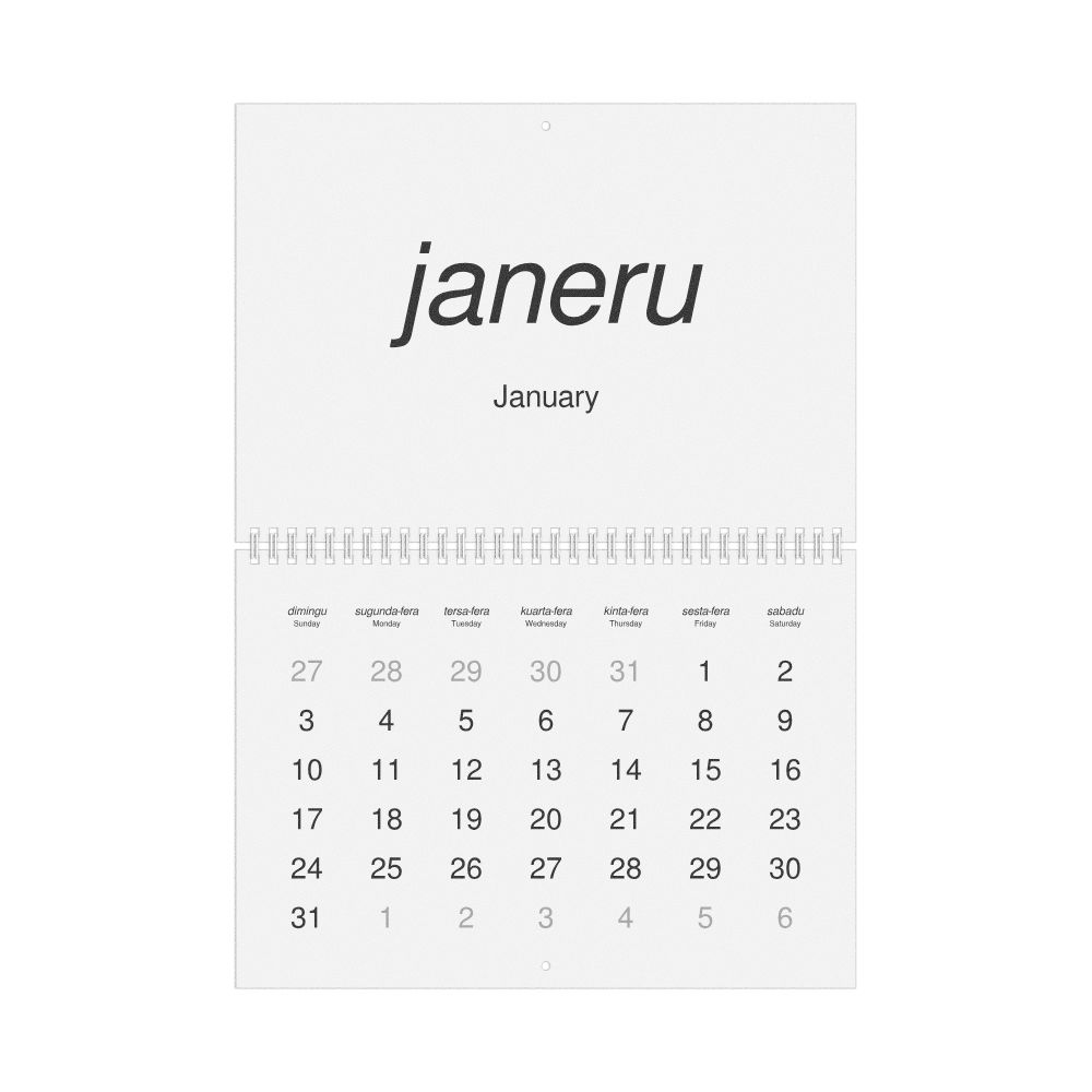 Leskoff 2027 Wall Calendar, Guinea-Bissau Creole/English-Labeled, Sunday-Start Layout, Wire-Bound, 11.7 x 8.3 in (29.7 x 21.0 cm), image 1 of 1