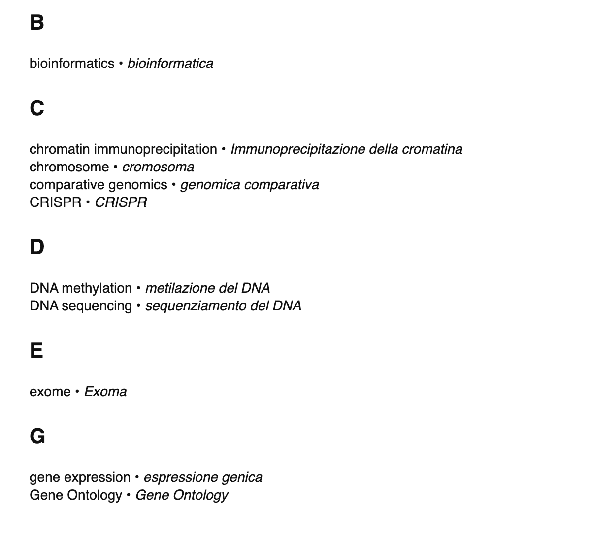 Genomics terms in Italian