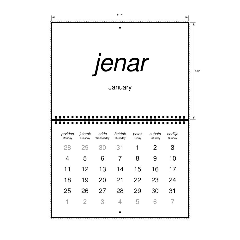 Leskoff 2027 Wall Calendar, Slavomolisano/English-Labeled, Monday-Start Layout, Wire-Bound, 11.7 x 8.3 in (29.7 x 21.0 cm), image 2 of 2
