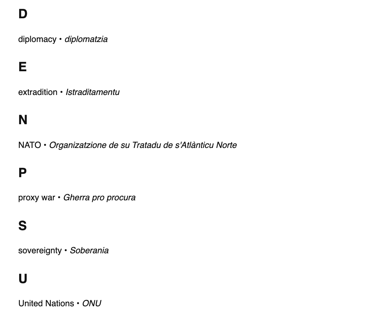 International relations terms in Sardinian