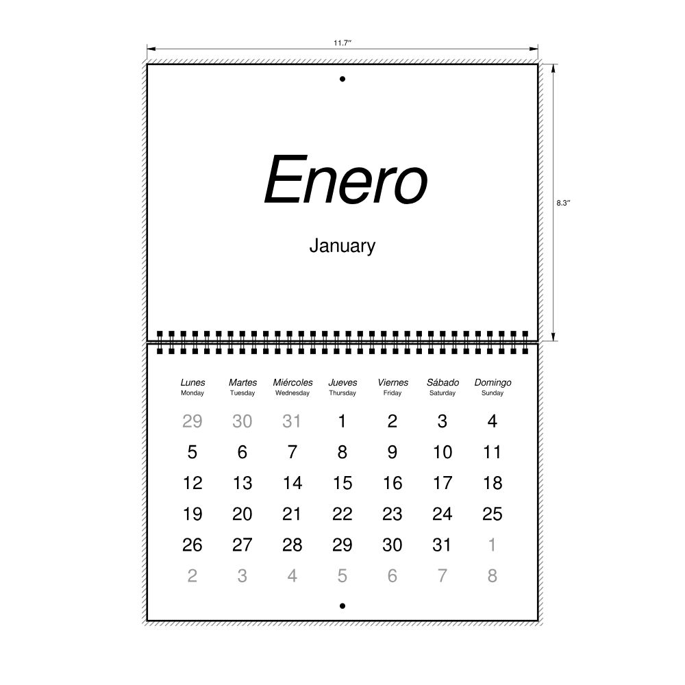 Leskoff 2026 Wall Calendar, Quechua/English-Labeled, Monday-Start Layout, Wire-Bound, 11.7 x 8.3 in (29.7 x 21.0 cm), image 2 of 2