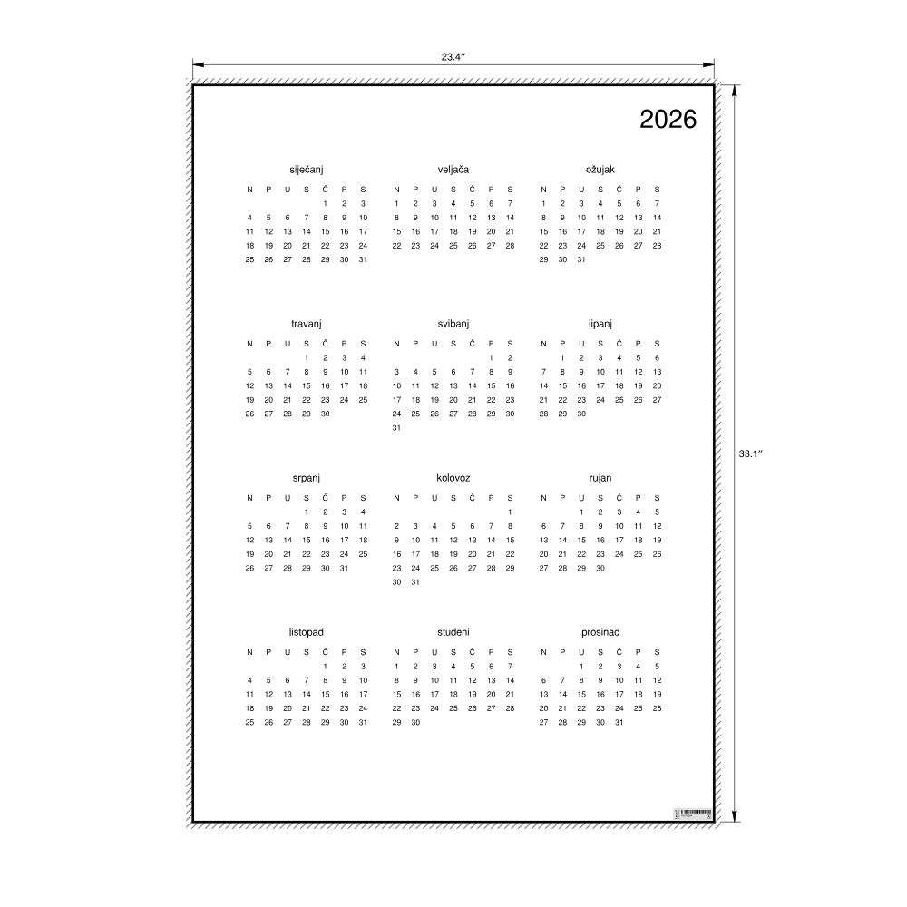 Leskoff 2026 Wall Calendar, Croatian-Labeled, Sunday-Start Layout, Poster / Wall Print, 23.4 x 33.1 in (59.4 x 84.1 cm), image 2 of 2