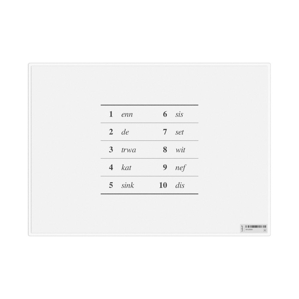 Leskoff Numbers 1–10 in Mauritian Creole, Desk Chart, 11.7 x 8.3 in (29.7 x 21.0 cm), image 1 of 1