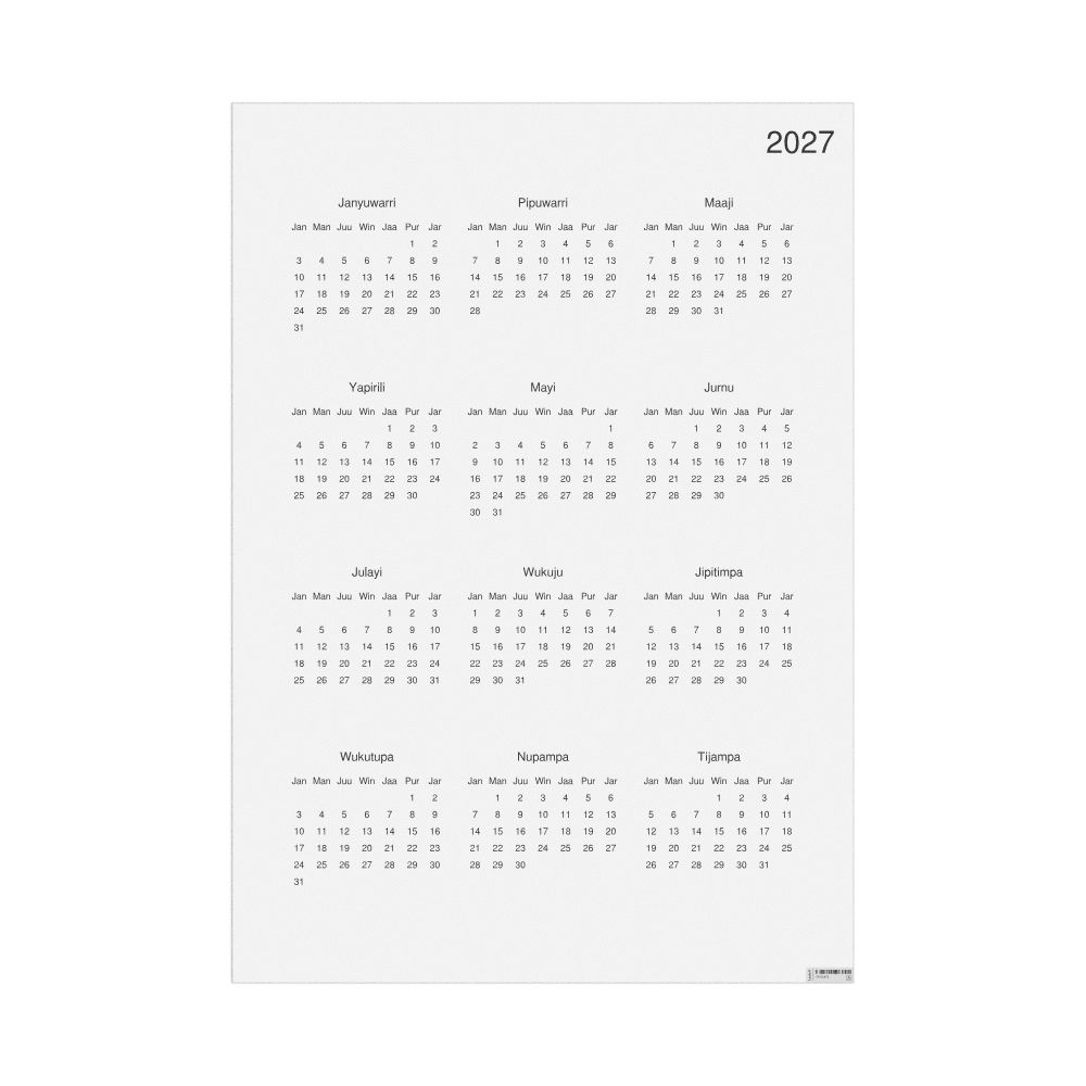 Leskoff 2027 Wall Calendar, Warlpiri-Labeled, Sunday-Start Layout, Poster / Wall Print, 23.4 x 33.1 in (59.4 x 84.1 cm), image 1 of 1