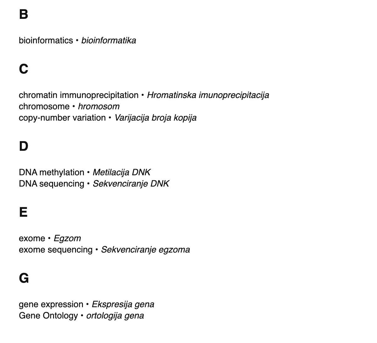 Genomics terms in Bosnian