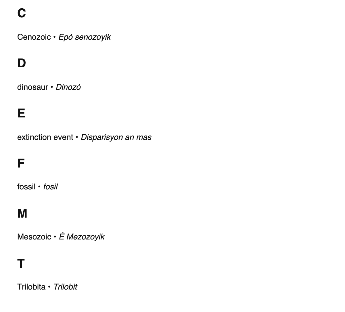 Paleontology terms in Haitian Creole