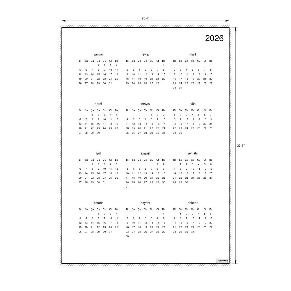 Leskoff 2026 Wall Calendar, Crimean Tatar-Labeled, Monday-Start Layout, Poster / Wall Print, 23.4 x 33.1 in (59.4 x 84.1 cm), image 2 of 2