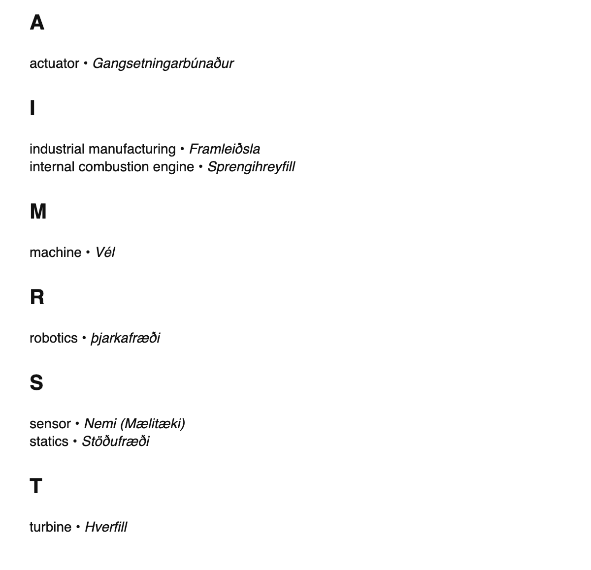 Mechanical engineering terms in Icelandic