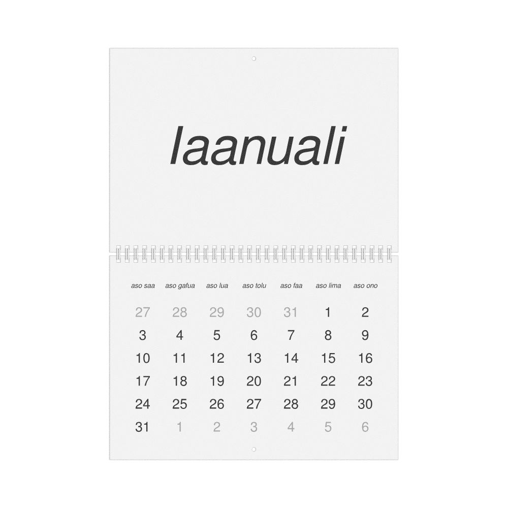 Leskoff 2027 Wall Calendar, Tuvaluan-Labeled, Sunday-Start Layout, Wire-Bound, 11.7 x 8.3 in (29.7 x 21.0 cm), image 1 of 1