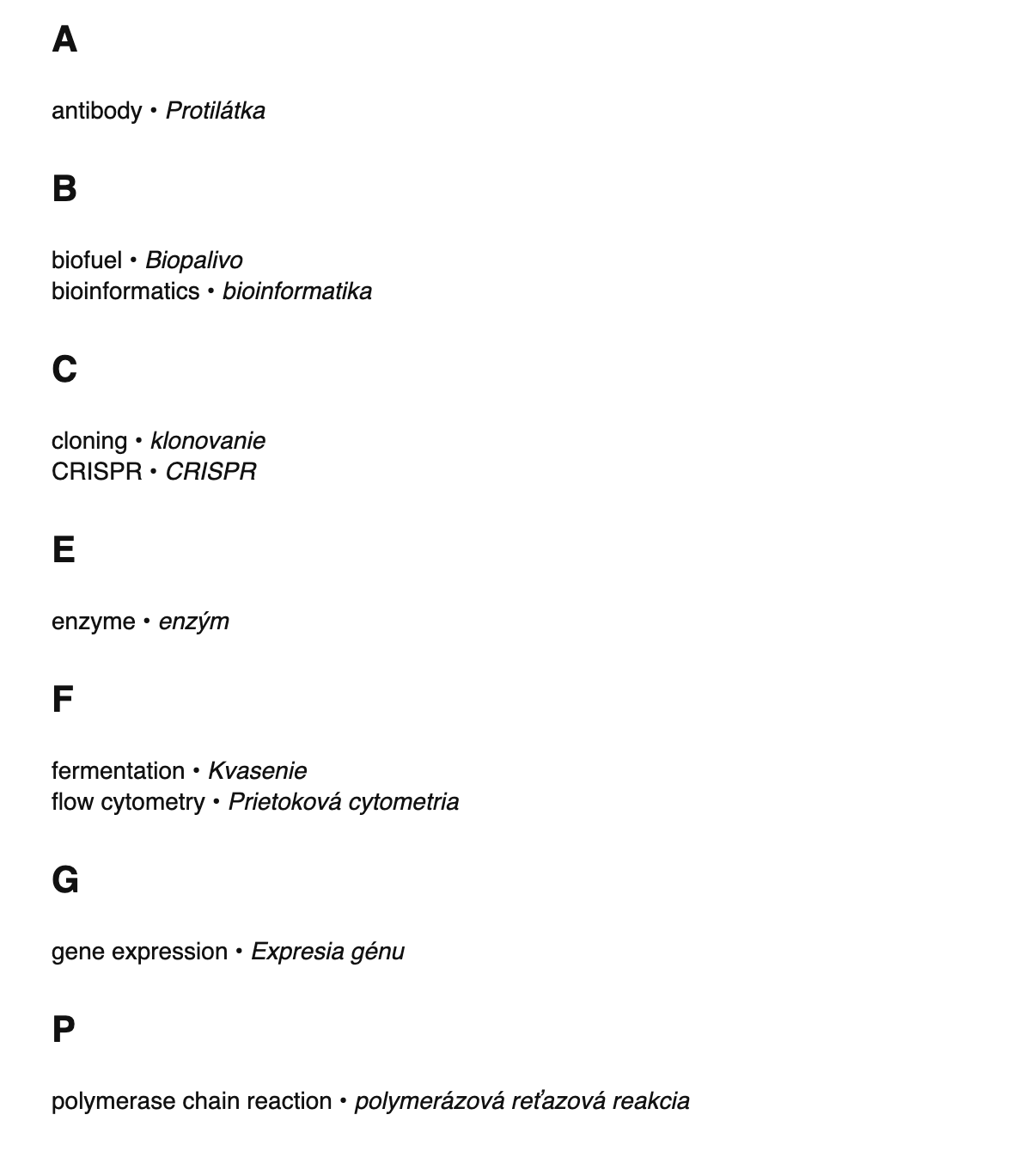 Bioengineering terms in Slovak