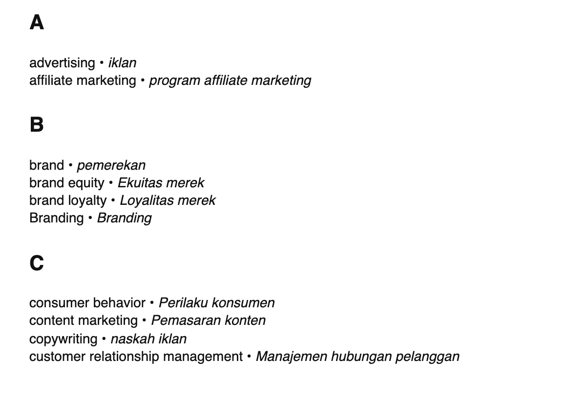 Marketing terms in Indonesian