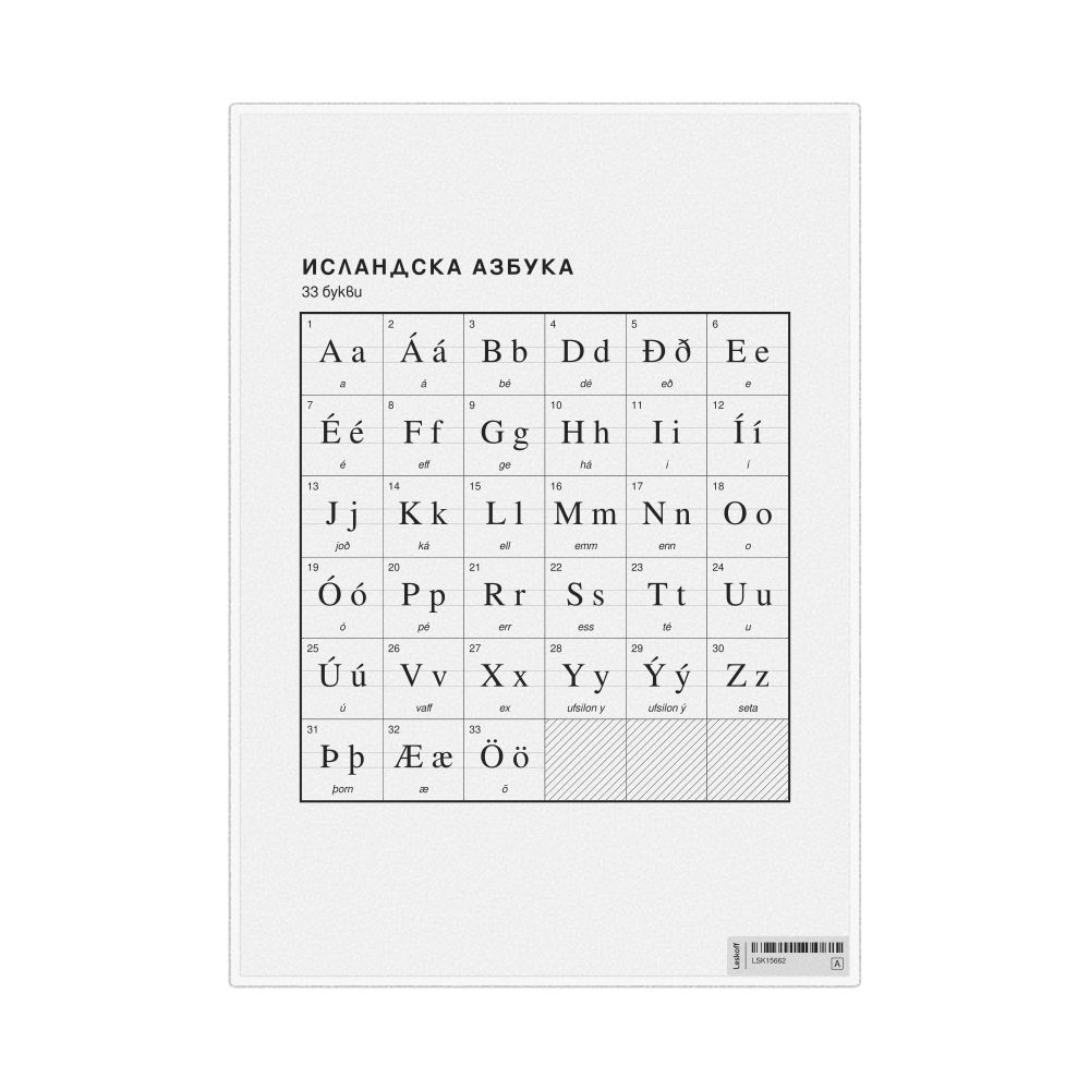 Leskoff Icelandic Alphabet Chart, 8.3 x 11.7 in (21.0 x 29.7 cm, Desk Chart, Laminated), Bulgarian-Labeled, image 1 of 2
