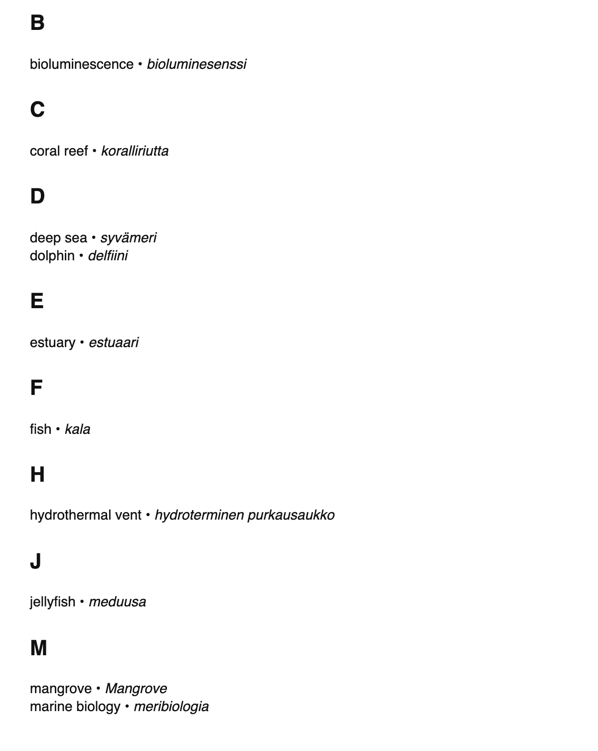Marine biology terms in Finnish