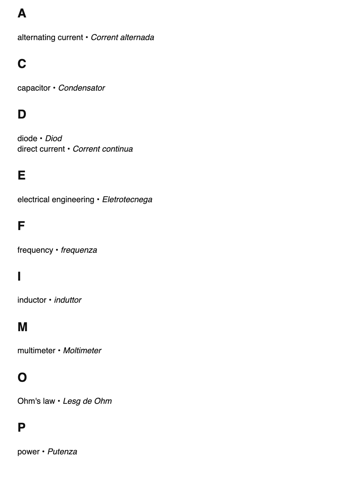 Electrical engineering terms in Lombard