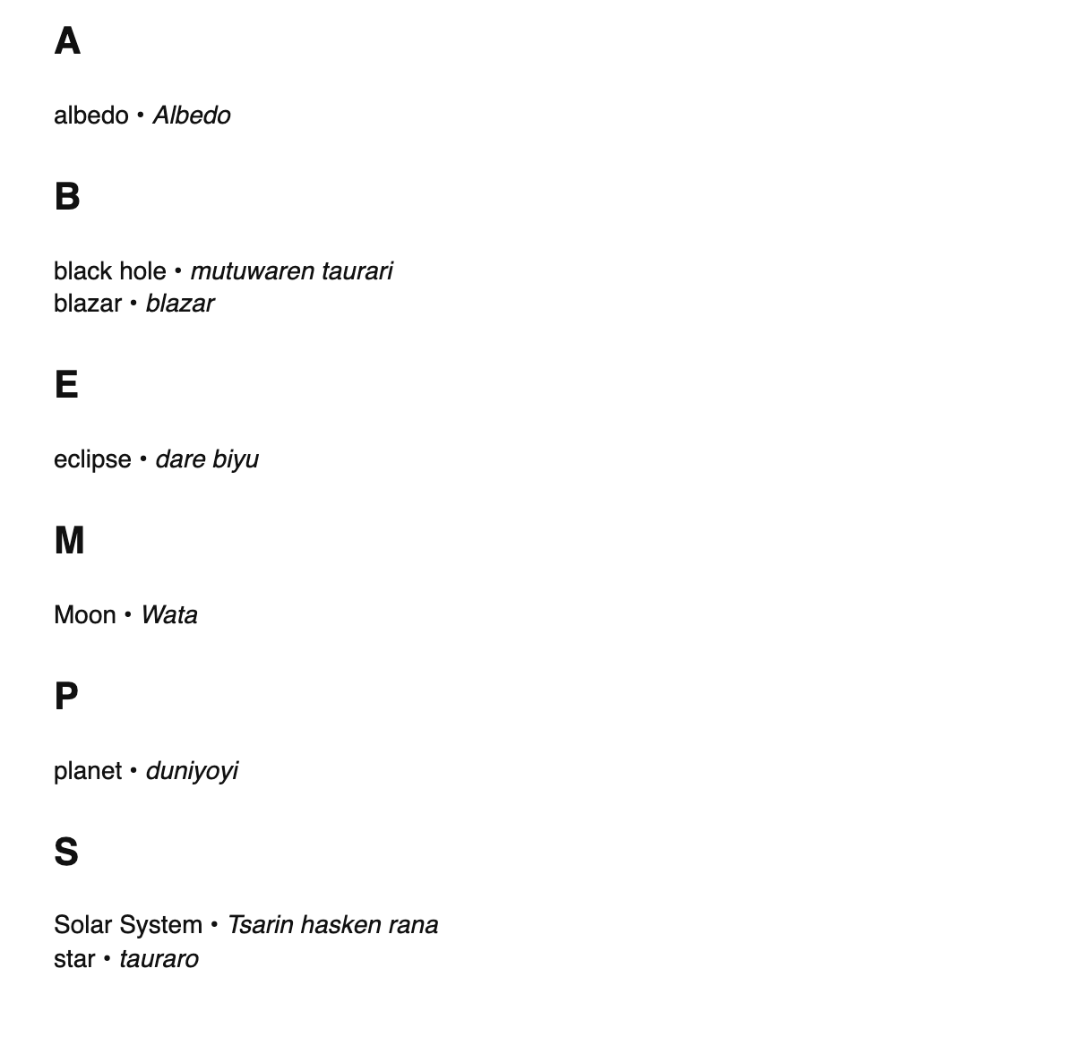 Astronomy terms in Hausa