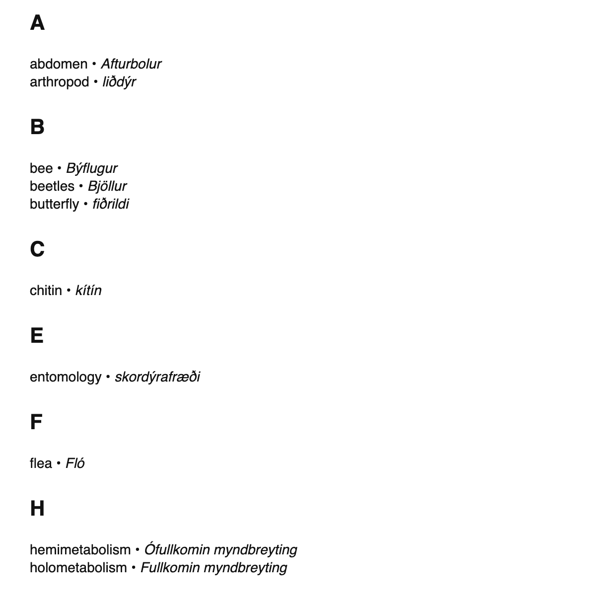 Entomology terms in Icelandic