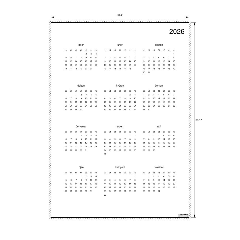 Leskoff 2026 Wall Calendar, Czech-Labeled, Monday-Start Layout, Poster / Wall Print, 23.4 x 33.1 in (59.4 x 84.1 cm), image 2 of 2