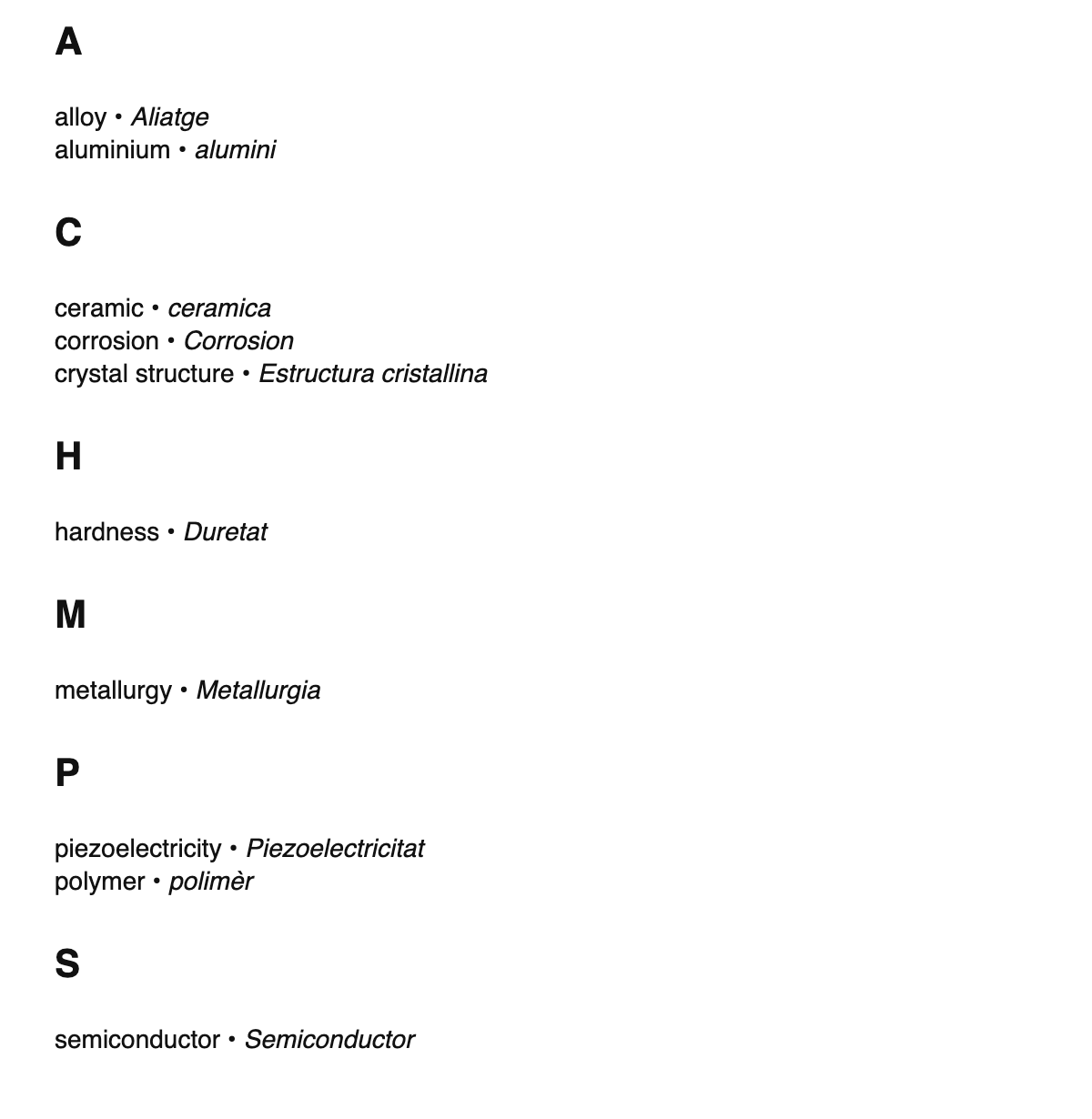 Materials science terms in Occitan