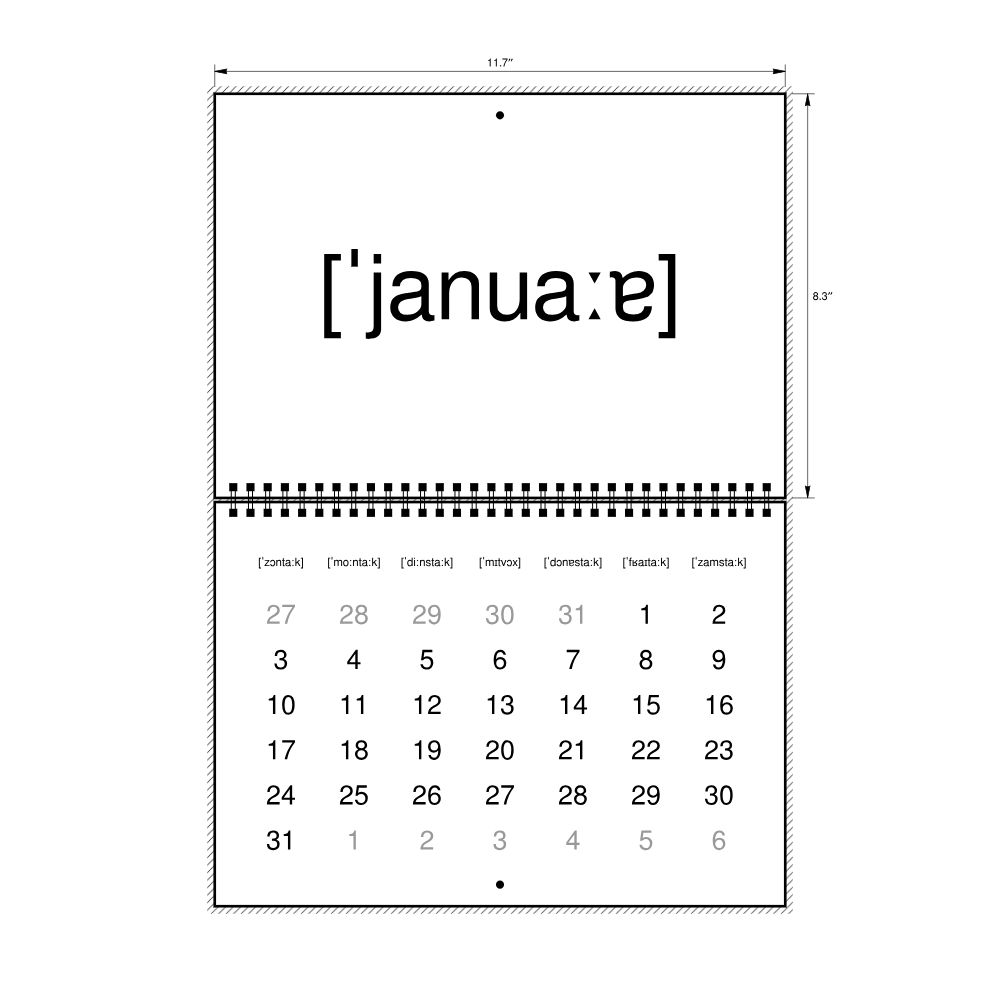 Leskoff 2027 Phonetic Wall Calendar, IPA-Labeled (German), Sunday-Start Layout, Wire-Bound, 11.7 x 8.3 in (29.7 x 21.0 cm), image 2 of 2
