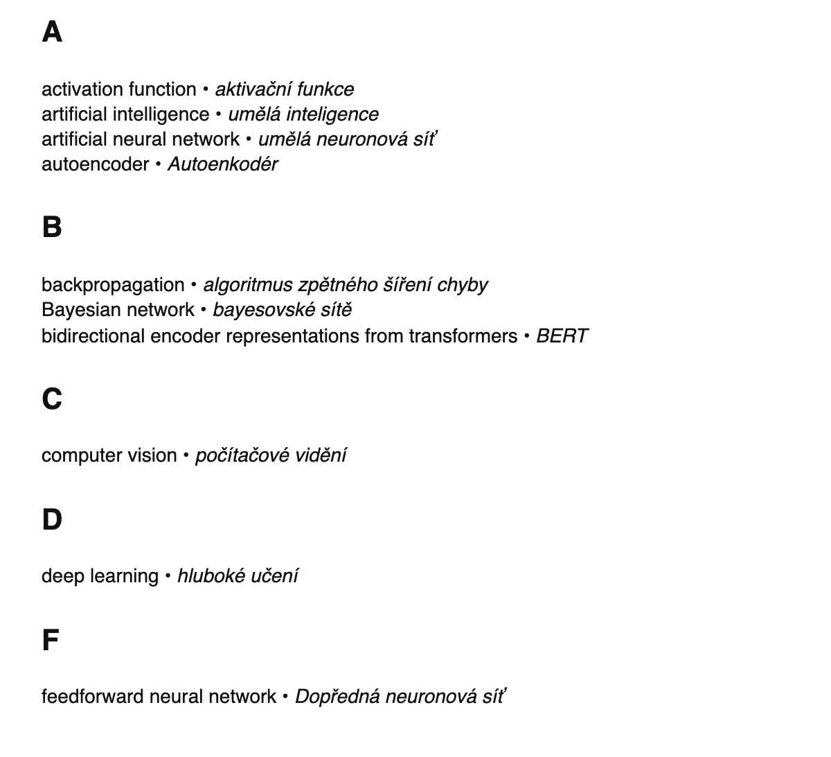 AI/ML terms in Czech