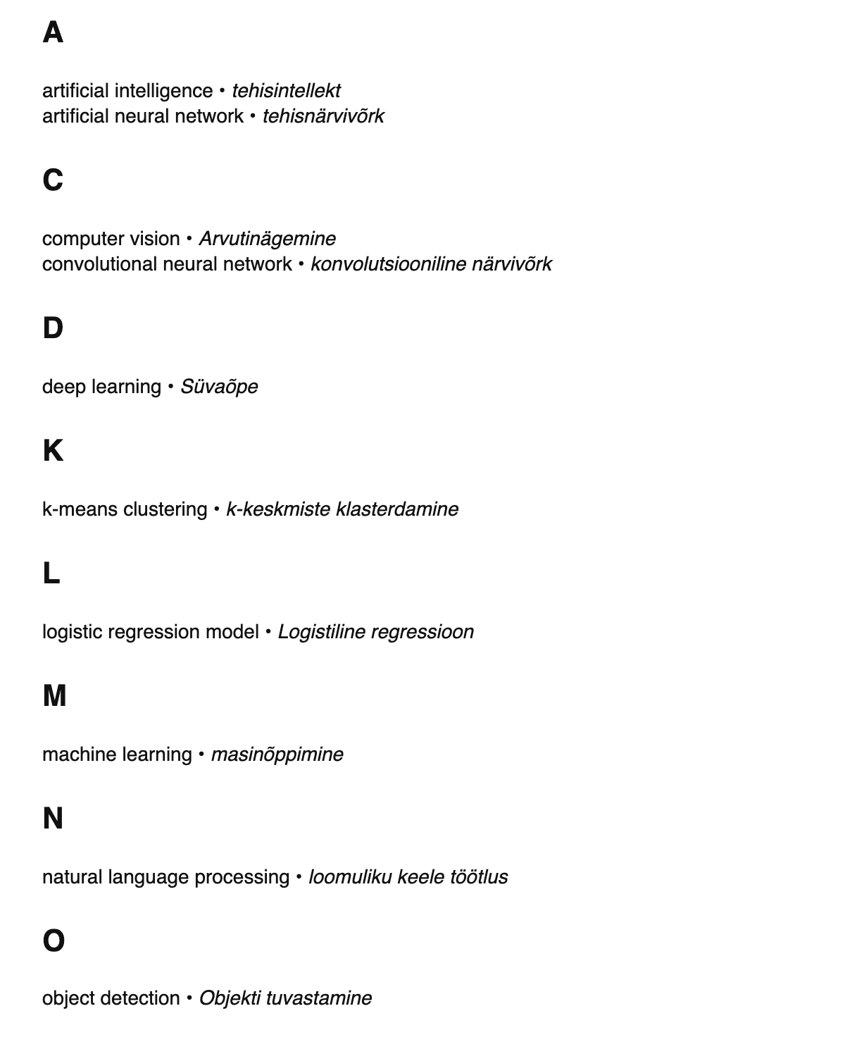 AI/ML terms in Estonian