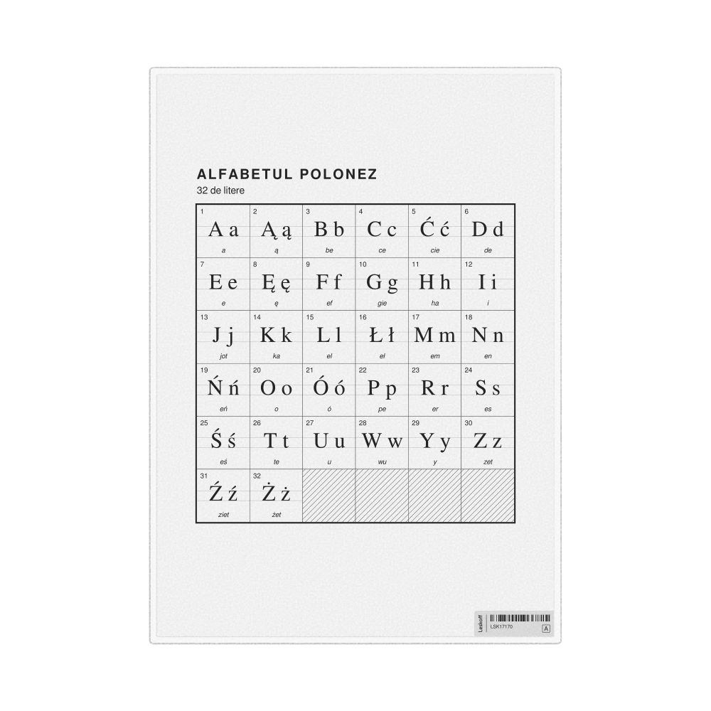 Leskoff Polish Alphabet Chart, 8.3 x 11.7 in (21.0 x 29.7 cm, Desk Chart, Laminated), Romanian-Labeled, image 1 of 2
