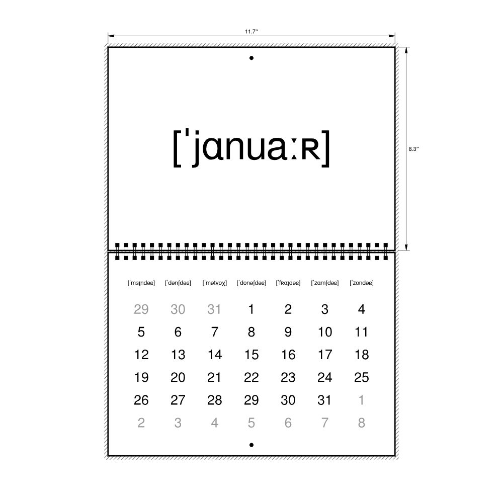 Leskoff 2026 Phonetic Wall Calendar, IPA-Labeled (Luxembourgish), Monday-Start Layout, Wire-Bound, 11.7 x 8.3 in (29.7 x 21.0 cm), image 2 of 2