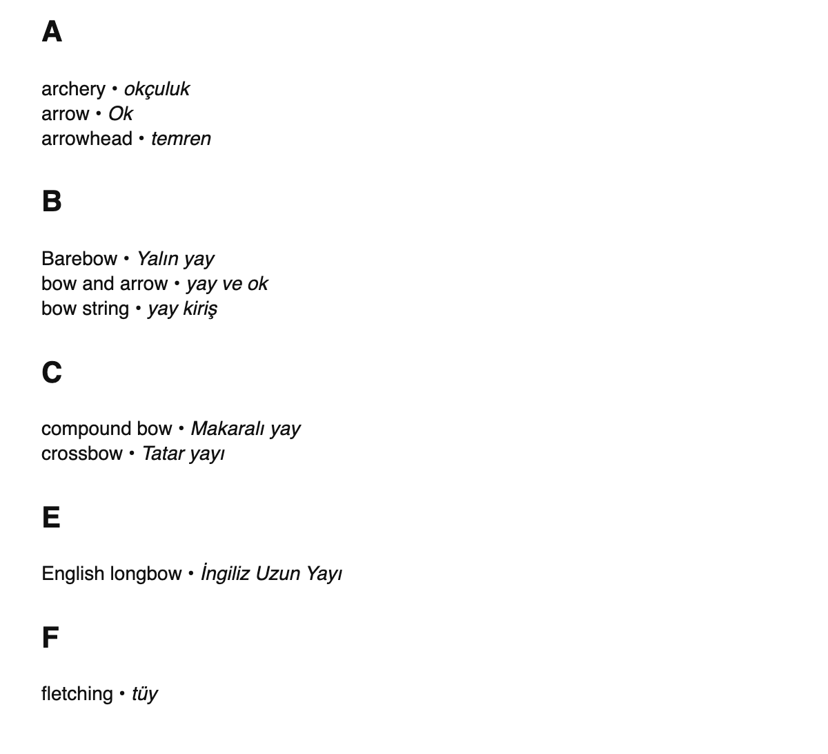 Archery terms in Turkish