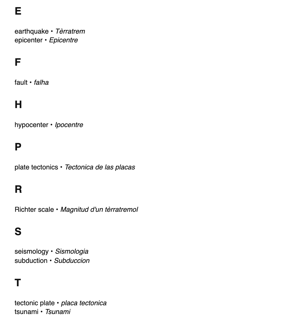 Seismology terms in Occitan