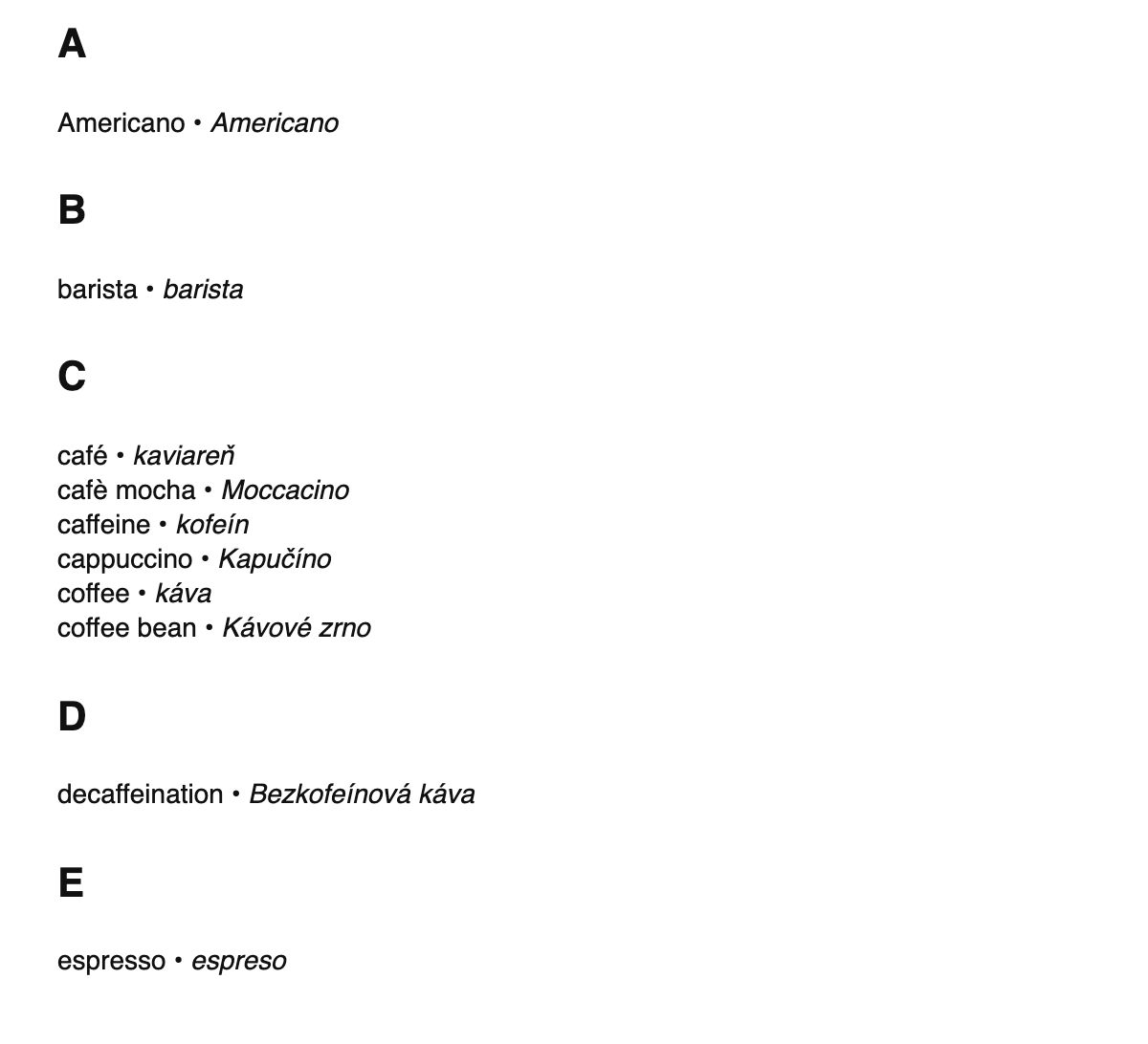 Coffee terms in Slovak