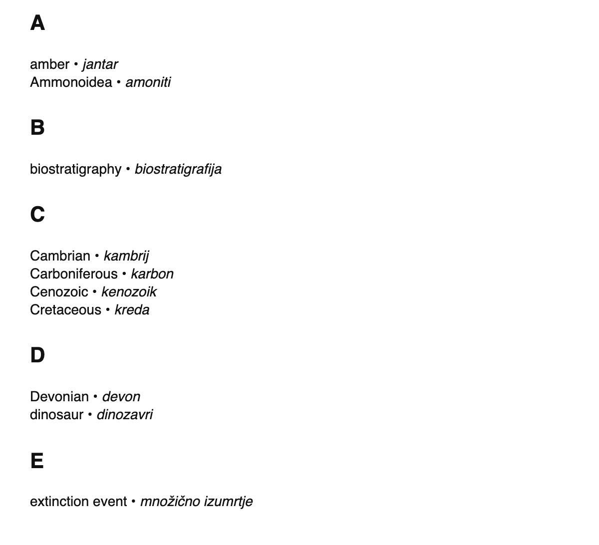 Paleontology terms in Slovene