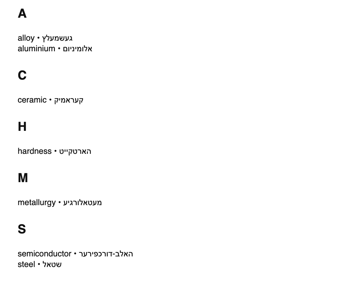Materials science terms in Yiddish