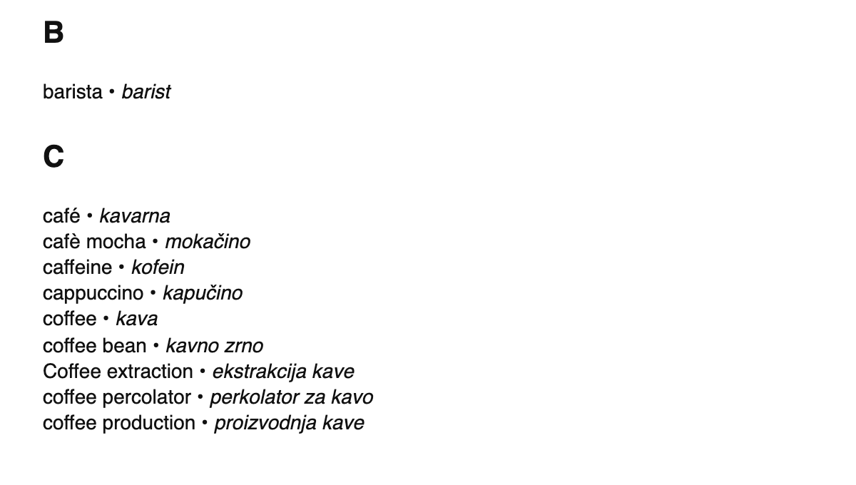 Coffee terms in Slovene